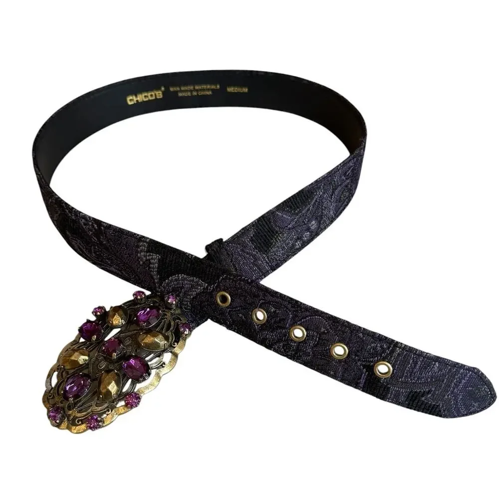 Chicos Statement Belt Purple Tapestry Chunky Buckle Detail M